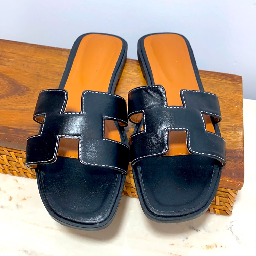 Xinshuyu Vegan Leather Black H Cut Slide Sandals